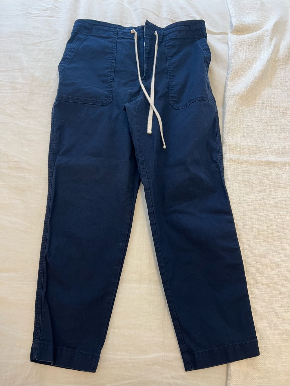 LOFT Navy Cropped Straight Leg Pants Sz 6 Drawstring Elastic Waist Cotton Blend